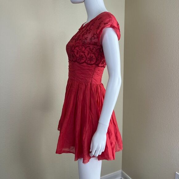 Free People Women's Size 2 Rose Garden Eyelet Embroidered Red Poppy Mini Dress - Picture 12 of 16